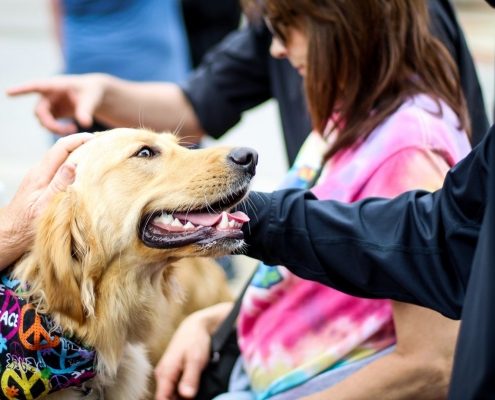 dog surrounded by people while being petted