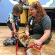 young child pets dog laying on the fllor
