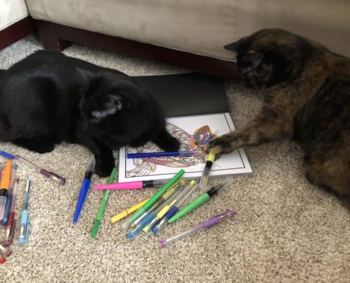 two cats on the floor on top of coloring book with markers spread around.