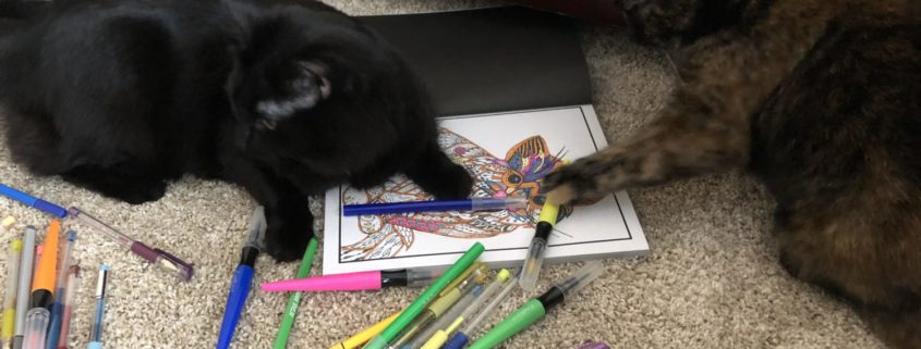 two cats on the floor on top of coloring book with markers spread around.