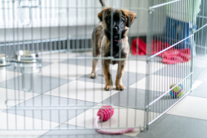 a brown older puppy stands in a large metal inside pop up cage on a tile floor with a toy