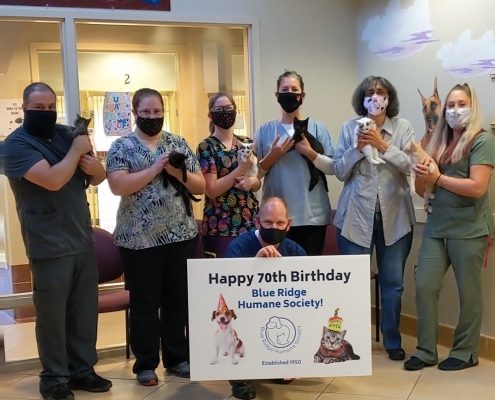 a group of men and women in scrubs stand holding cats, while wearing face masks. A man kneels in front holding a sign with a cat and dog on it saying "happy 70th birthday Blue Ridge Humane Society"