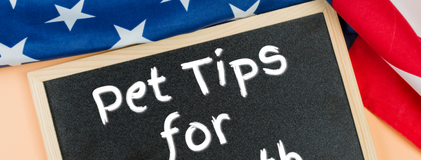 an American flag background with a chalkboard with text reading: Pet tips for July 4th