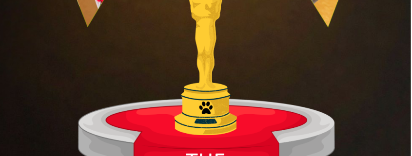 A black poster with the title "The Oscars Adoption Promo" followed by "Where the stars are ready for the red carpet... and their new home!" A gold Oscar's award statue with a paw print sits on a stage and red carpet. Two stars sit in each corner of the poster, one with a brown and white dog and the other with a grey cat.