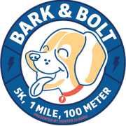 A blue circle with the text "Bark & Bolt" with a yellow dog graphic