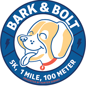 A blue circle with the text "Bark & Bolt" with a yellow dog graphic