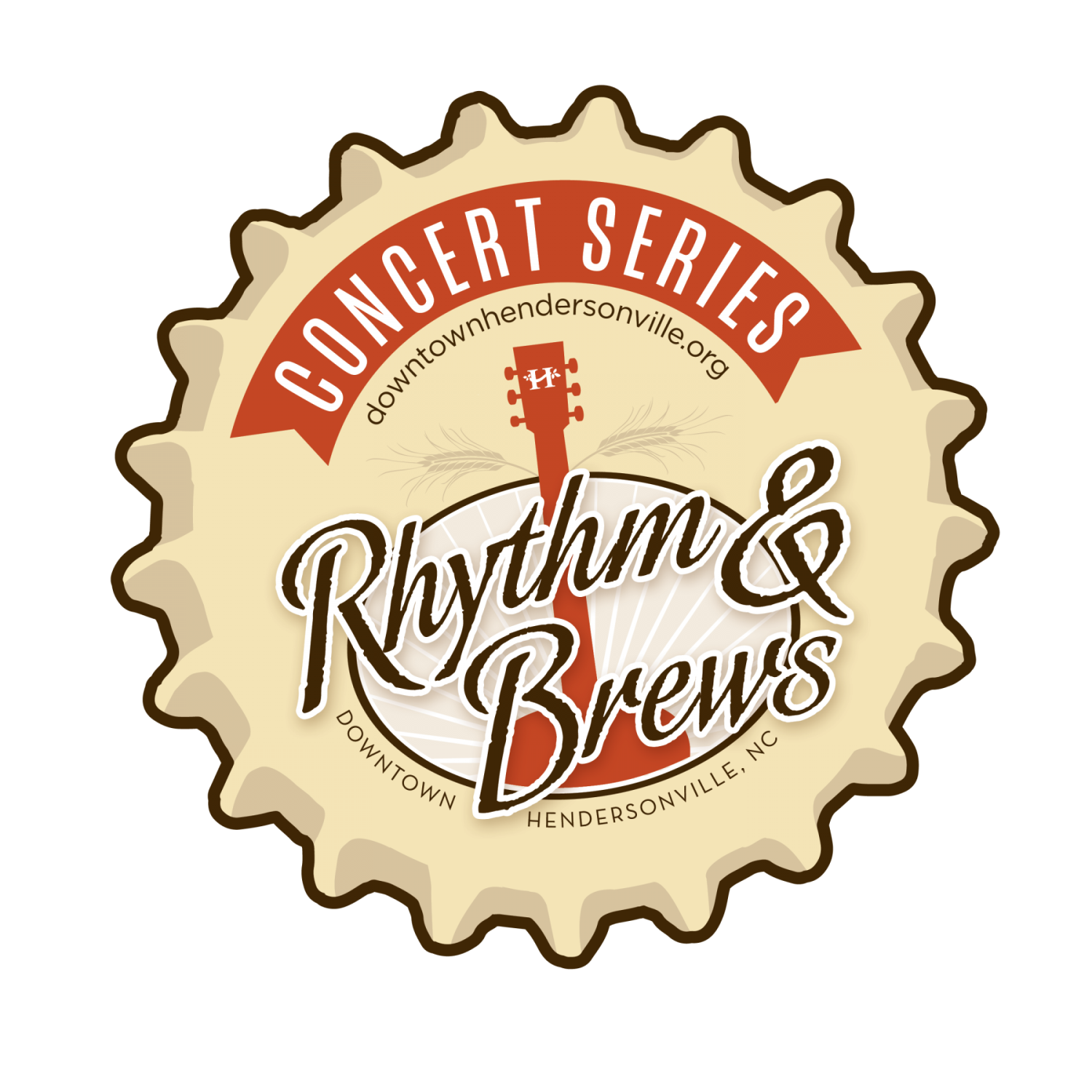 A bottle cap with the text "Rhythm & Brews"