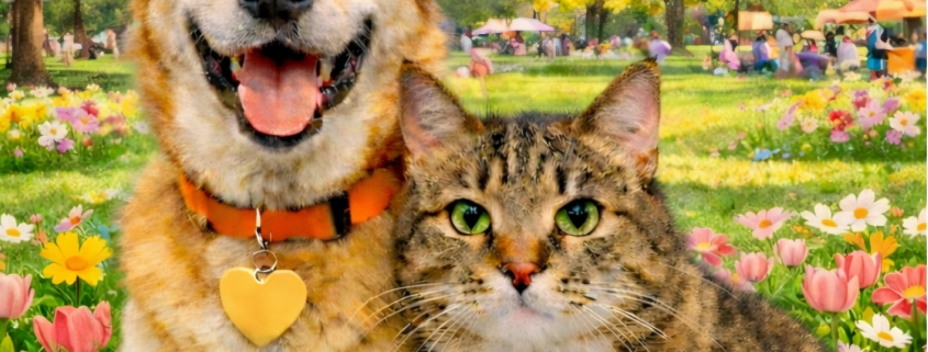 A dog and cat in a spring field - For the Love of Pets Expo poster