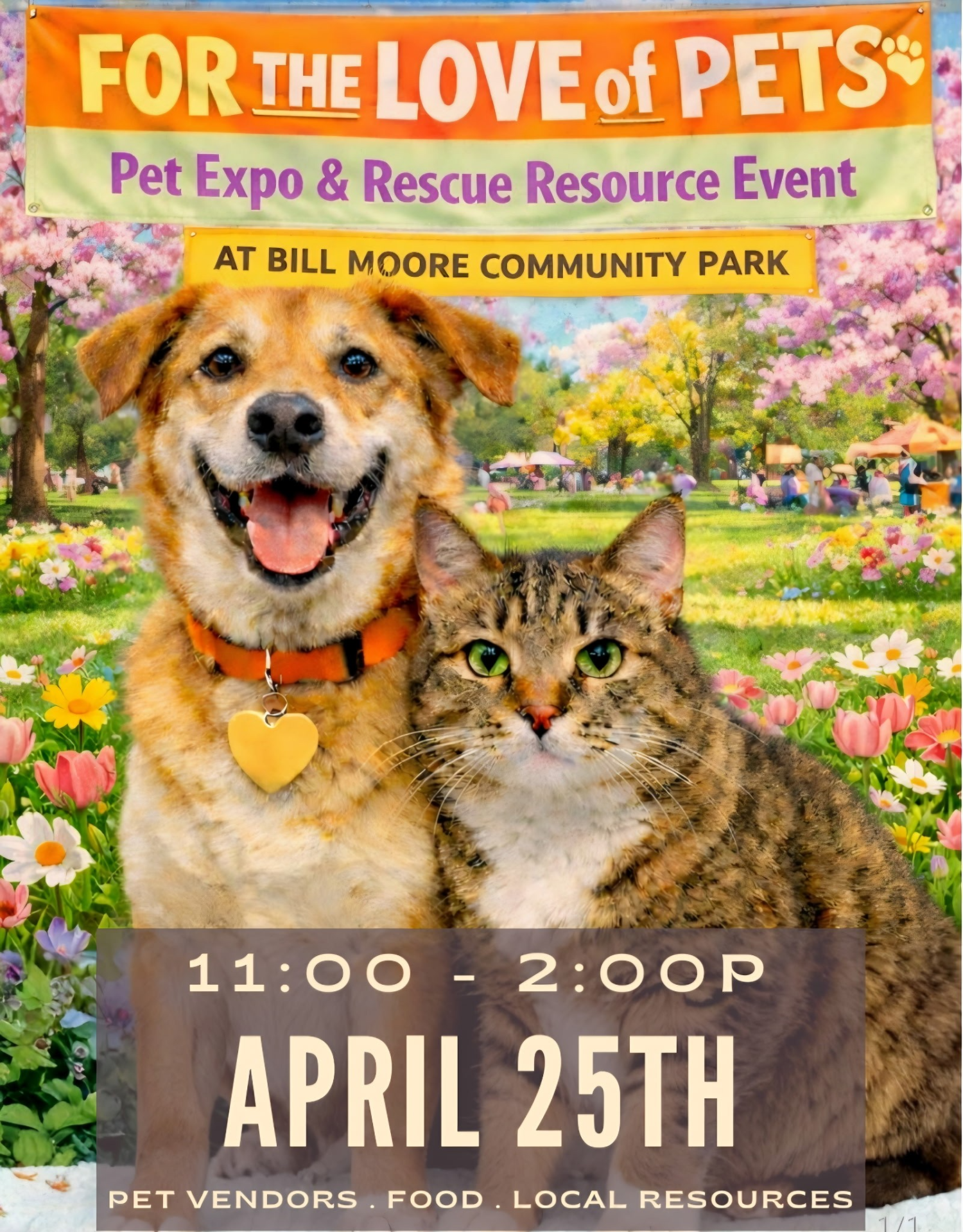 A dog and cat in a spring field - For the Love of Pets Expo poster