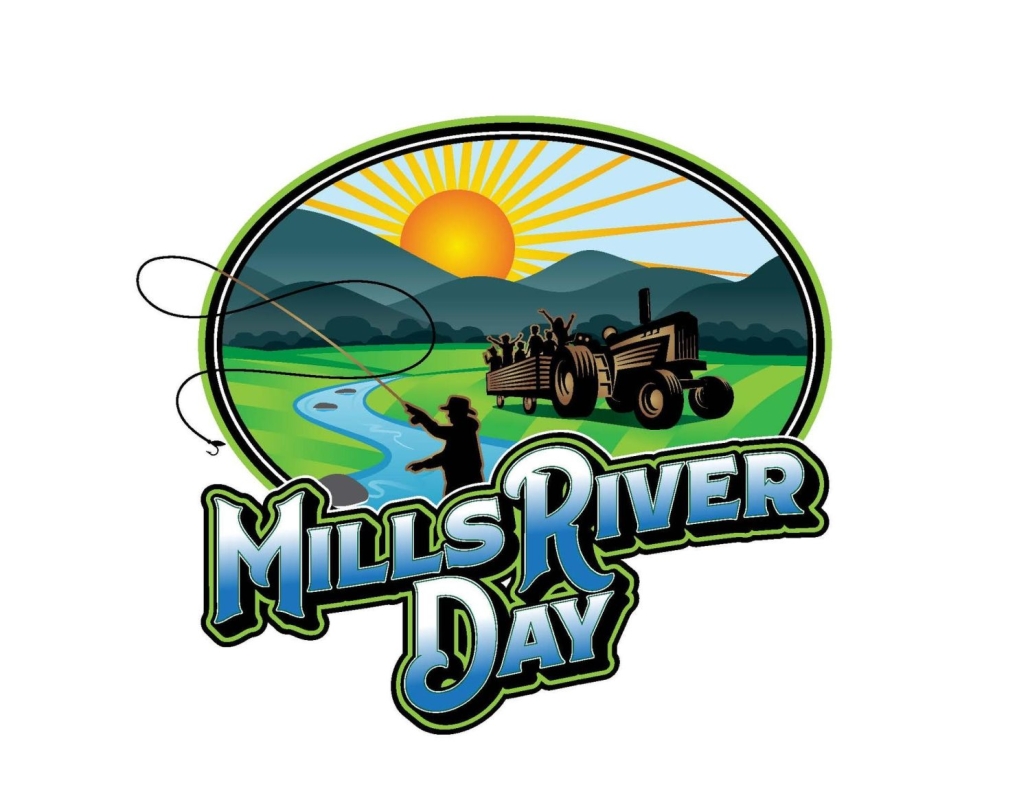 A logo with Mills River Day text and a graphic of a tractor, person fishing, and mountains