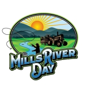 A logo with Mills River Day text and a graphic of a tractor, person fishing, and mountains