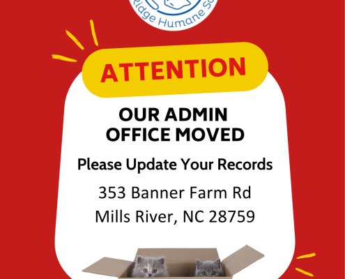 A graphic announcing our Admin Team moving to 353 Banner Farm Rd in Mills River