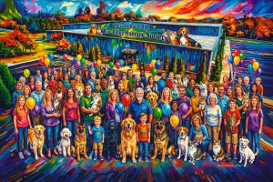 a colorful painting of people, pets, and the BRHS warehouse