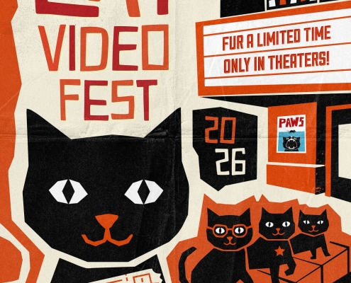A red and black poster with a cat on it and the text "Cat Video Fest"