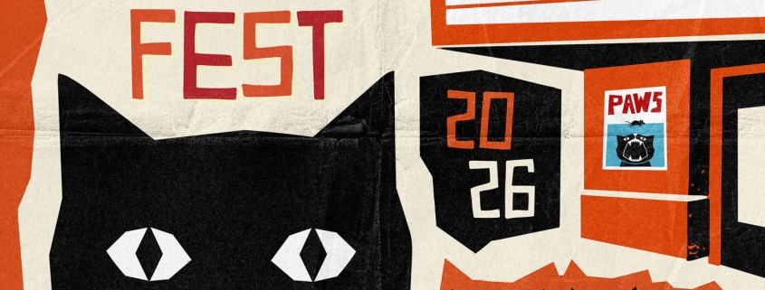 A red and black poster with a cat on it and the text "Cat Video Fest"