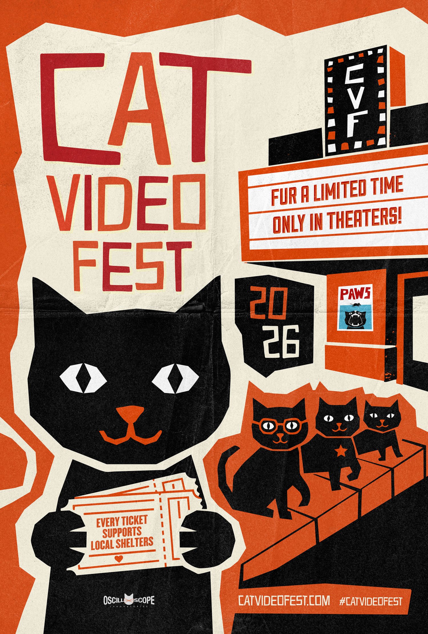 A red and black poster with a cat on it and the text "Cat Video Fest"