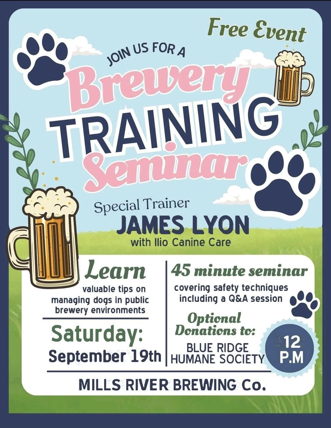 A poster for a Brewery Training Seminar at Mills River Brewing