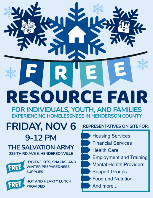 A flyer for the free resource fair for people experiencing homelessness in Henderson County
