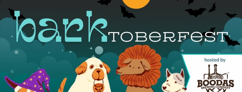 a graphic that has dogs in Halloween costumes with the text "barktoberfest" and Boodah's Brewing logo