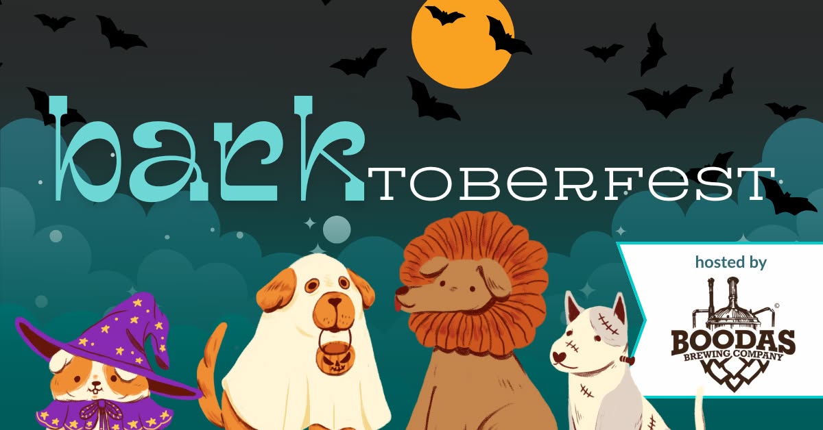 a graphic that has dogs in Halloween costumes with the text "barktoberfest" and Boodah's Brewing logo