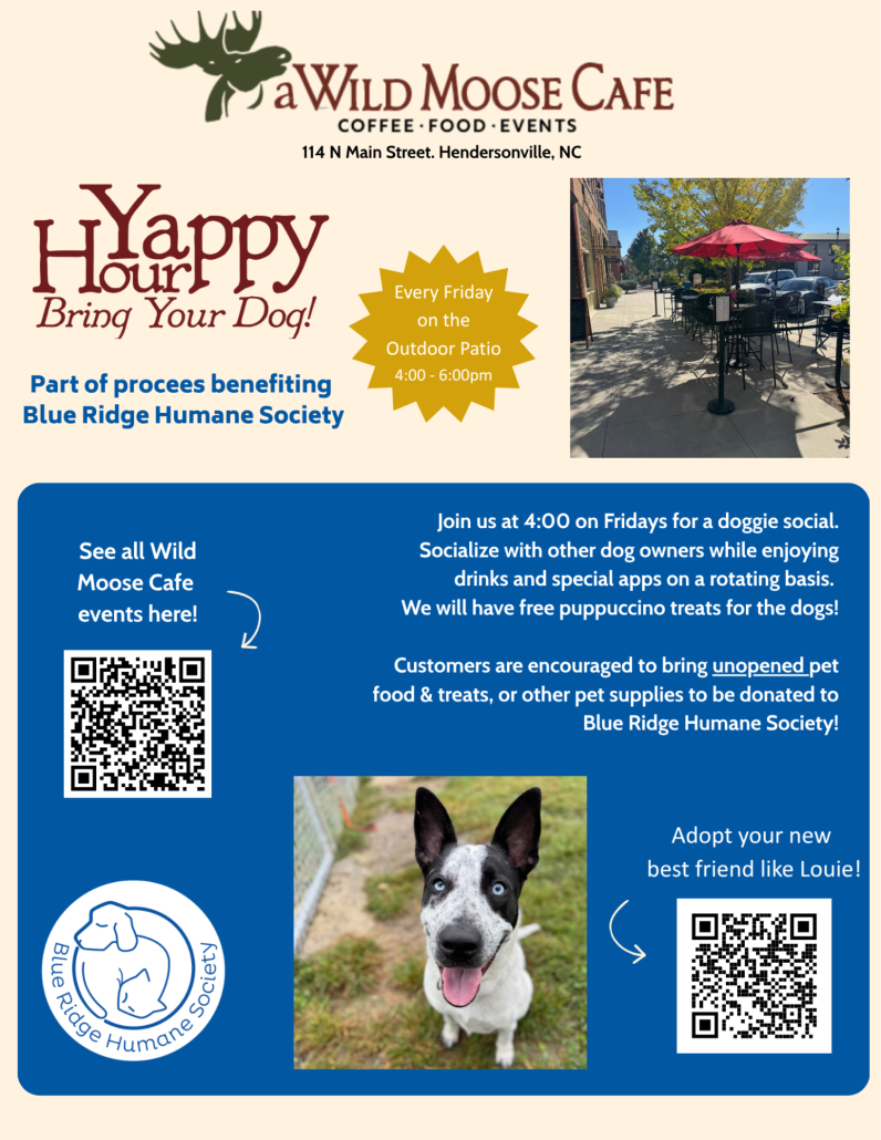 a flyer for Yappy Hour at A Wild Moose Cafe